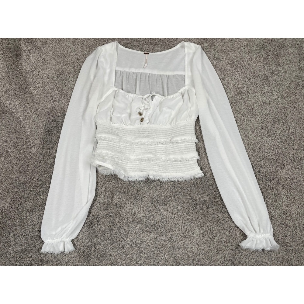 Free People Shirt Womens XS White Lolita Smocked Fringe Milkmaid Sheer Fairy Top